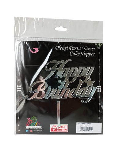 Happy Birthday Yazılı Aynalı Pleksi Gümüş
