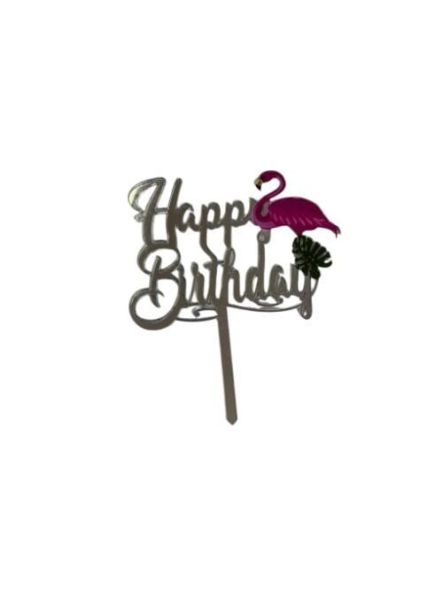 Happy Birthday Yazılı Leylekli Aynalı Pleksi Gümüş