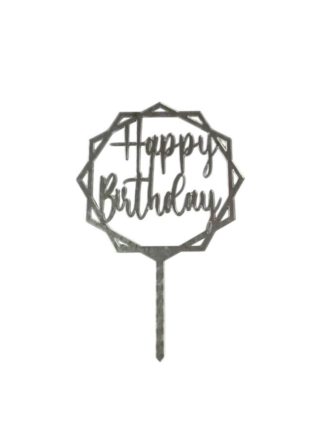 Happy Birthday Yazılı Çerçeveli Aynalı Pleksi Gümüş