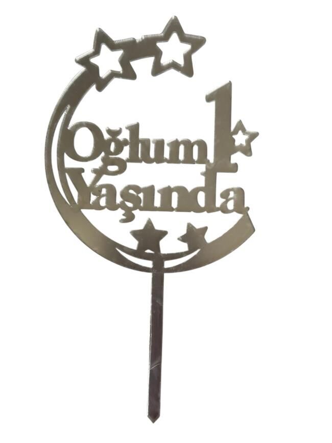 Oğlum 1 Yaşında Yazılı Aynalı Pleksi Gümüş